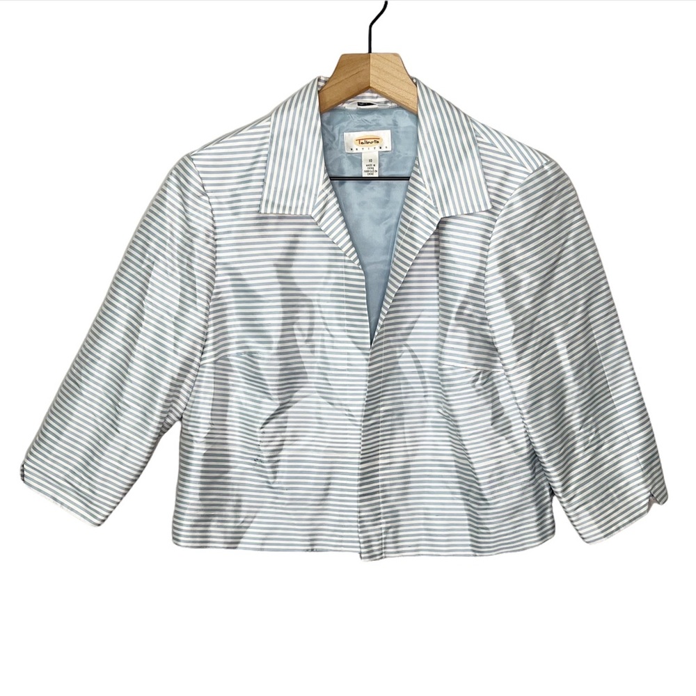 Talbots 100% Silk 3/4 Sleeve Striped Open Blazer in Blue/White 10